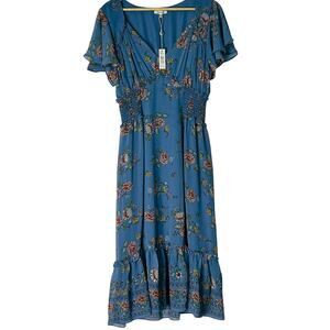 NWT Max Studio Blue Floral Short Sleeve Spring Dress L Ruffle Fit Flare Mid Tea